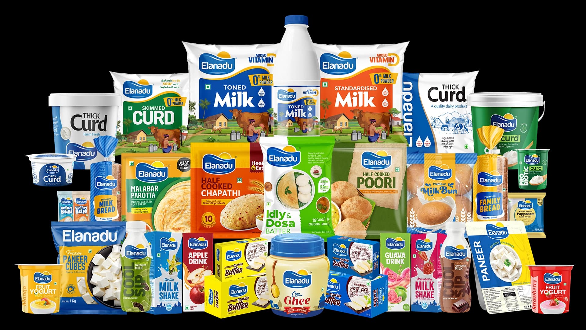 The Elanadu family of products — milk, curd, butter, mango lassi, Malabar parotta and Rich Dad ice cream